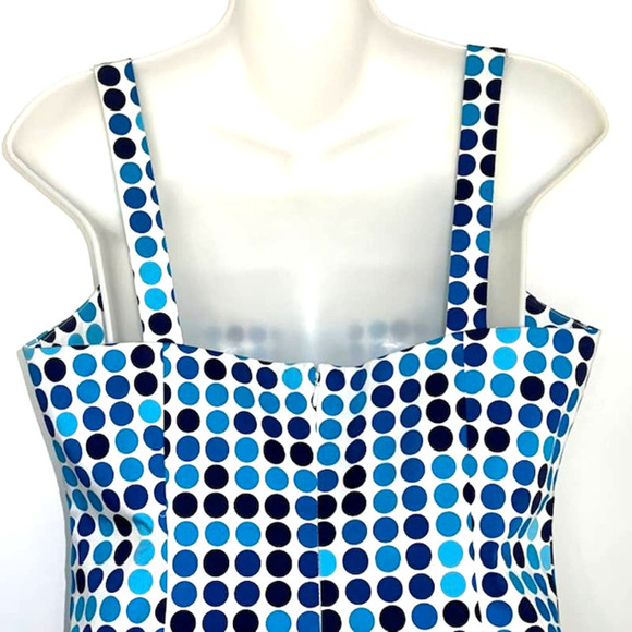 CALVIN KLEIN AQUA BLUE POLKA DOT SHEATH DRESS PLEATED TOP SIZE 10 - Picture 8 of 11